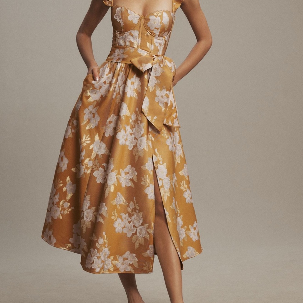 V. Chapman Gold Floral Midi Dress